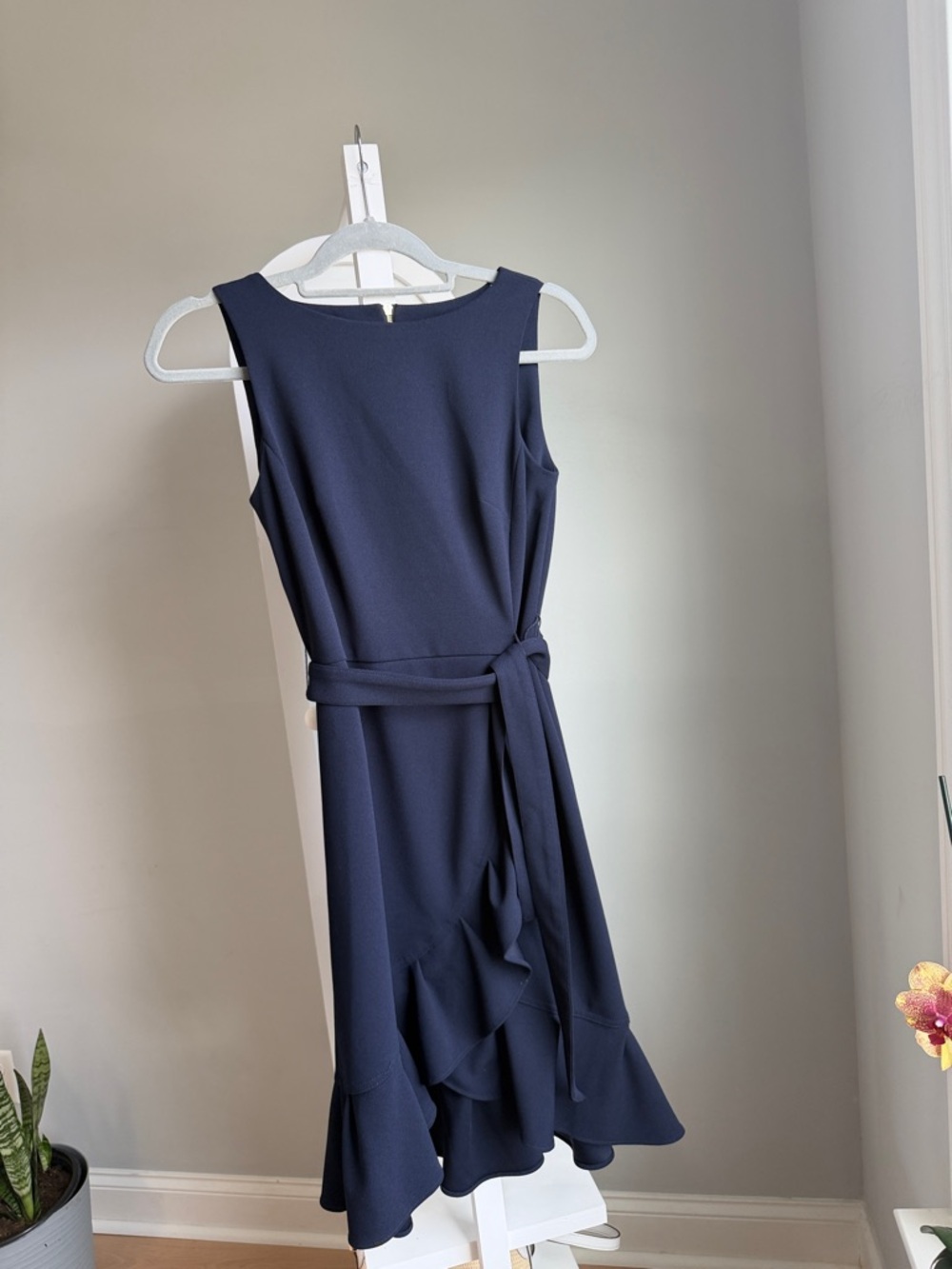 Calvin Klein Navy Sleeveless Tie-Waist Ruffle Hem Dress